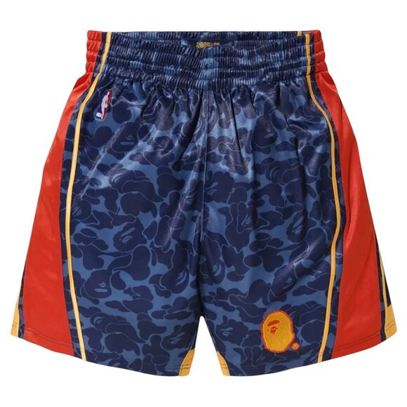 BAPE x Mitchell & Ness Warriors ABC Basketball Authentic Shorts Navy - Picture 1 of 4
